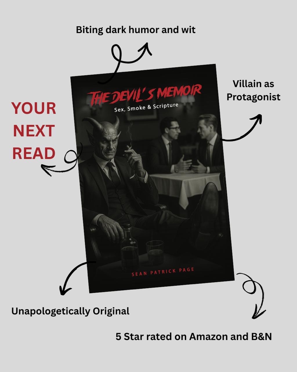 The Devil's Memoir - Official Book Cover with marketing highlights